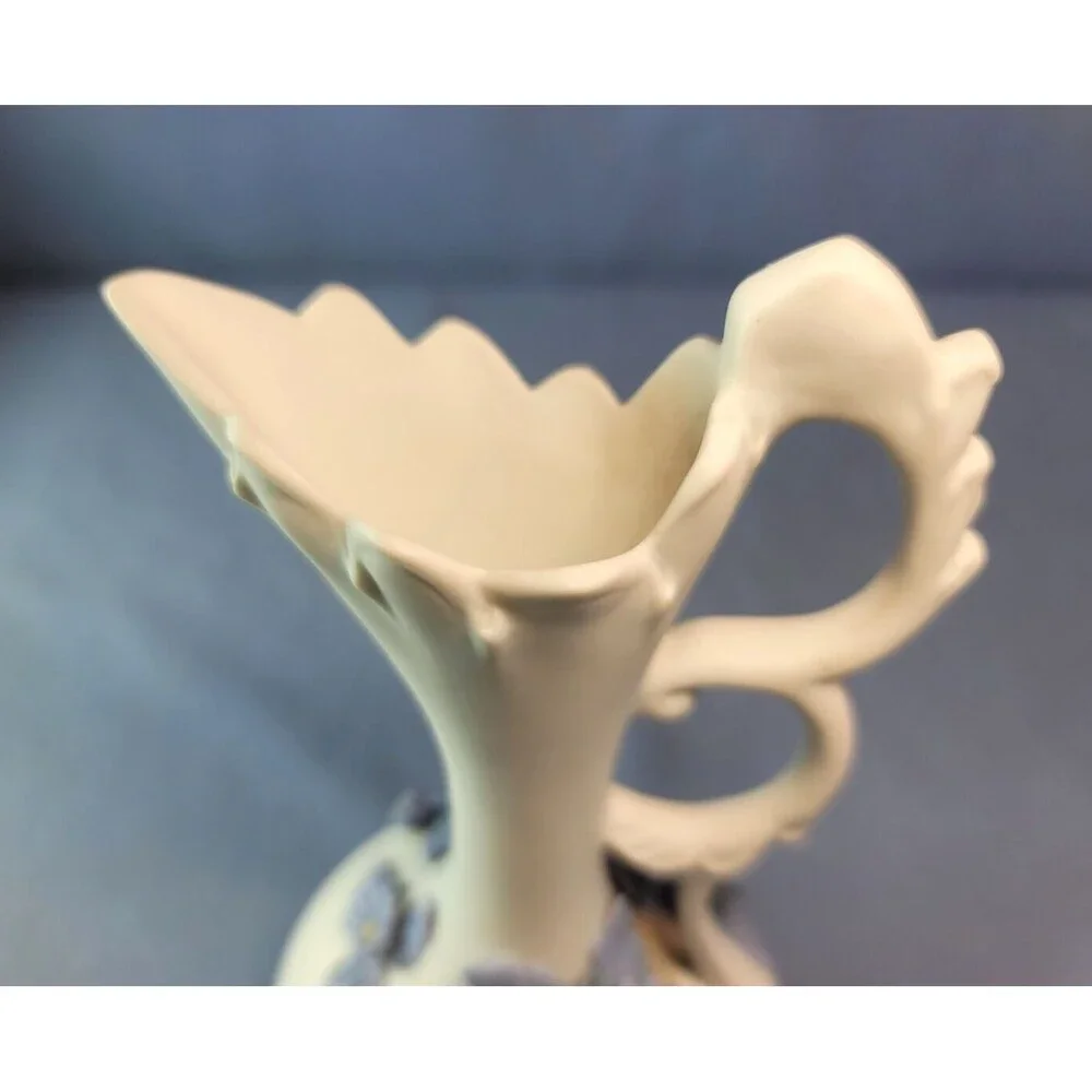 Blue Ewer Flowers Bud Vase Vintage Raised White Ceramic Applied Decoration